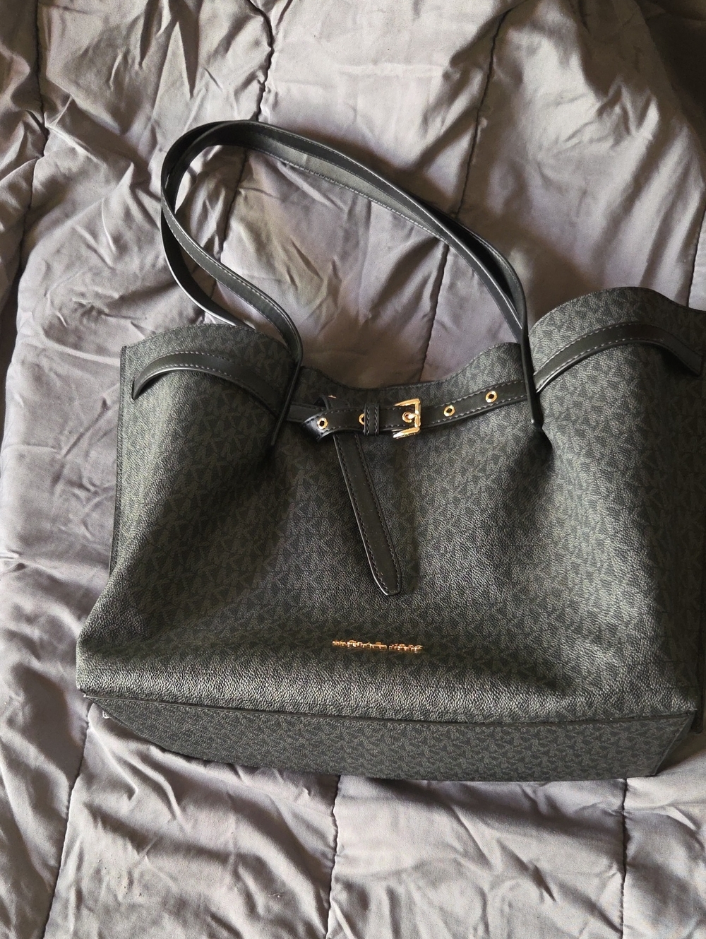 Michael Kors Dark Gray Signature Tote with Black Trim and Gold Hardware